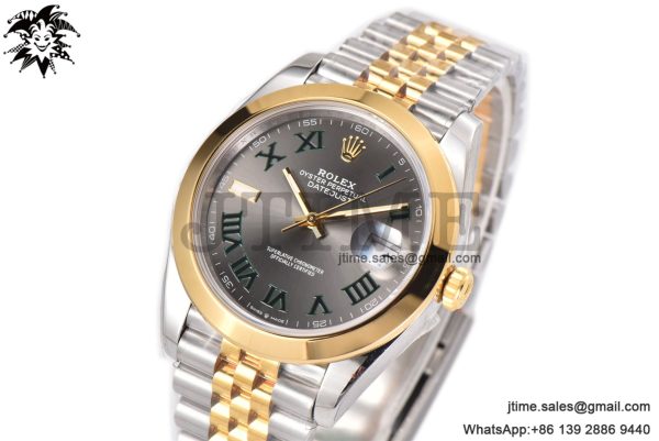DateJust 41 YG Polished Bezel KING 1:1 Best Edition 904L Steel Gray Dial Green Roman on SS/YG Jubilee Bracelet VR3235